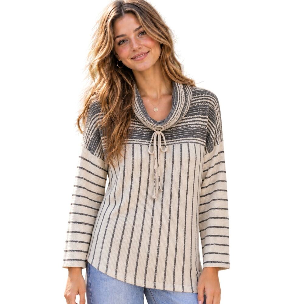 Umgee Cowl Neck Drawstring Top Womens Small Gray Cream Earthy Boho Pullover
